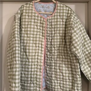 In Loom Blue Floral and Green Gingham Reversible Quilted Jacket with Pink Trim